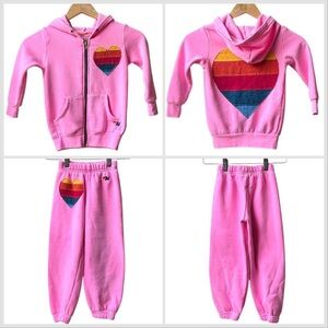 Kids Set Aviator Nation Rainbow Striped Heart hoodie Sweatpants Neon pink Sz 2T